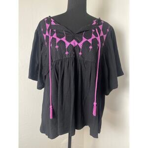 Knox Rose Women's Western Boho Aztec Embroidered Cottage Cowgirl Top Black 1X